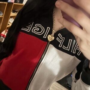 Tommy Hilfiger Women's Black, Red, and White Bomber Jacket